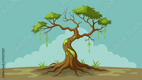 A gnarled tree covered in wispy moss leaning in close to whisper sage tips on investing and saving to a newly sprouted sapling.