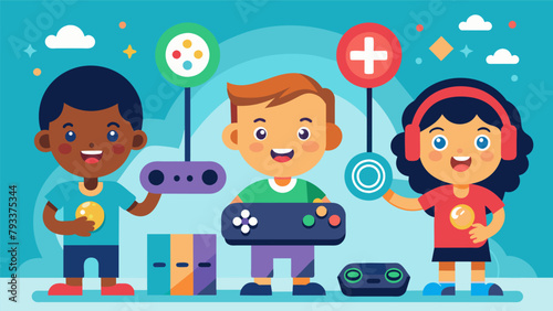 A group of kids eagerly participate in a themed video game party complete with customized controllers and a leaderboard to see who can achieve