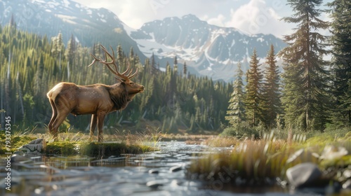Bull elk reindeer standing in the Madison River in mountain tree forest National Park