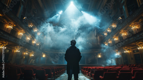 Silhouetted figure standing center in an opulent theater with dramatic lighting and a wide-angle shot. photo