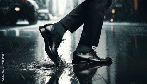 水たまりを歩くビジネスマンの足元 photo