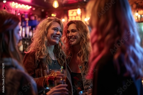 Beautiful women drinking cocktails in a bar. They are having fun.
