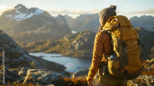 Female hiker standing on the top of the mountain with beatufil panorama lake at the midle of mountains photo