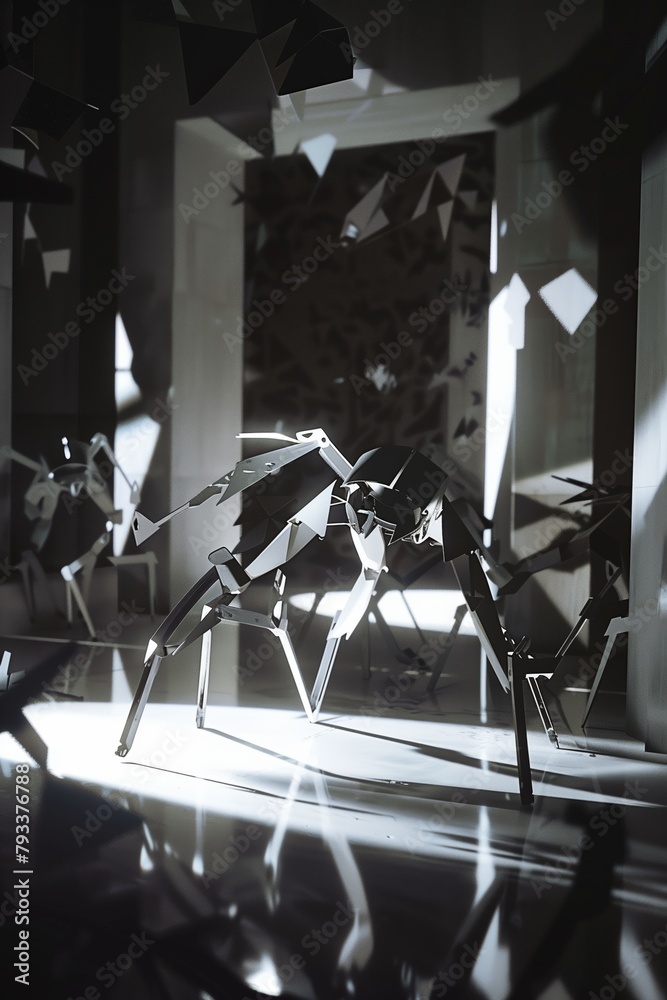 Close-up interior black-and-white art photograph of a group of small metal sculptures, sharp and vaguely robotic. From the series �Imaginary Museums.� Close-up interior black-and-white art photograph of a group of small metal sculptures, sharp and vaguely robotic. From the series �Imaginary Museums.�
