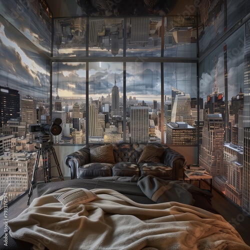 Interior color photograph of a small bedroom with window and ceiling views and mirror images of New York City, both wide-open yet claustrophobic. From the series �Interiors.�