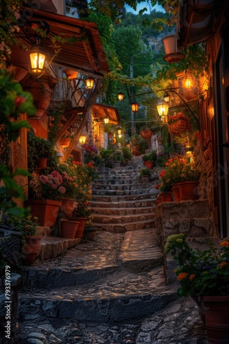 old stairs path with cozy light lanterns at evening in an old village town