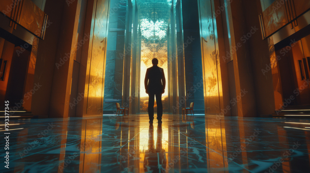 Silhouetted figure standing in a grand, futuristic hall with imposing pillars and glowing light.