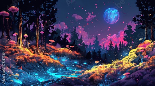 A colorful forest with a glowing river and a large moon in the sky