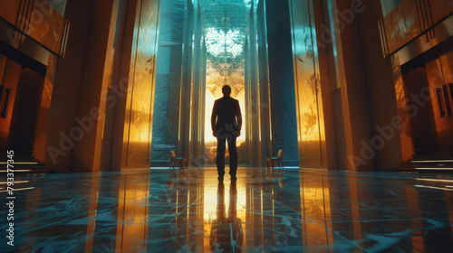 Silhouetted figure standing in a grand  futuristic hall with imposing pillars and glowing light.