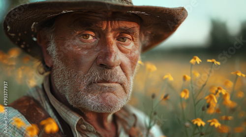 Elderly farmer with a weathered face, wearing a hat, standing in a field with yellow flowers.