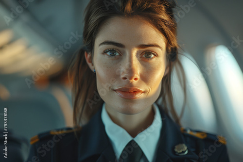 A female flight attendant in uniform, with a focused gaze and a warm, glowing ambiance.