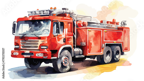 Watercolor Fire Truck Clipart 2d flat cartoon vacto