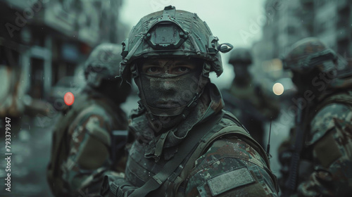 Soldiers in combat gear with focused expressions in an urban setting.