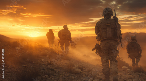 Soldiers walking in a line at sunset, with dust around, in a cinematic wide shot with shallow depth of field