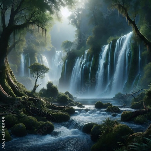 Tropical rainforest waterfall in the jungle landscape