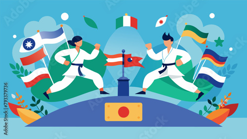 Against a backdrop of vibrant banners and flags representing various countries teams of martial artists showcase their unique cultural