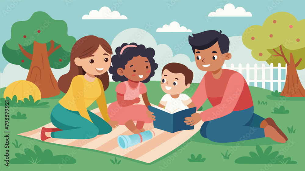 A charming drawing of parents and kids sprawled out on a blanket in the backyard reading together and laughing at funny passages from the first