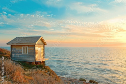 a small wooden cabin house with the calm seaside view while sunset © DailyLifeImages