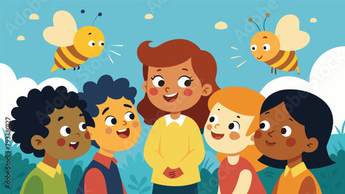 A group of kids huddled together their faces radiant with awe and wonder as they learn about the important role that bees play in a garden on a