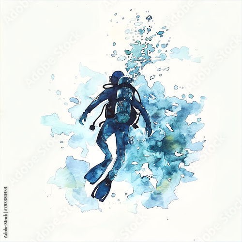 Minimalistic watercolor illustration of scuba diving on a white background, cute and comical.