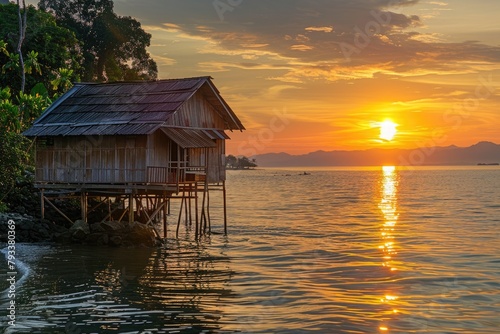 a small wooden cabin house with the calm seaside view while sunset