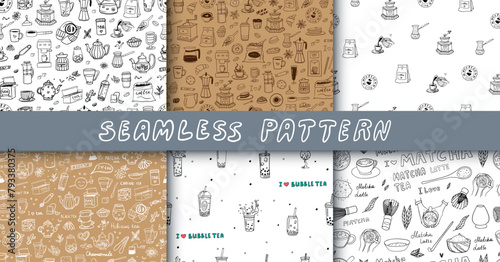 Collection of seamless pattern of hand drawn tea and coffee theme elements in doodle style. Japanese tea, matcha tea, bubble milk tea, I love tea, tea time, coffee shop. Cute vector illustration EPS10