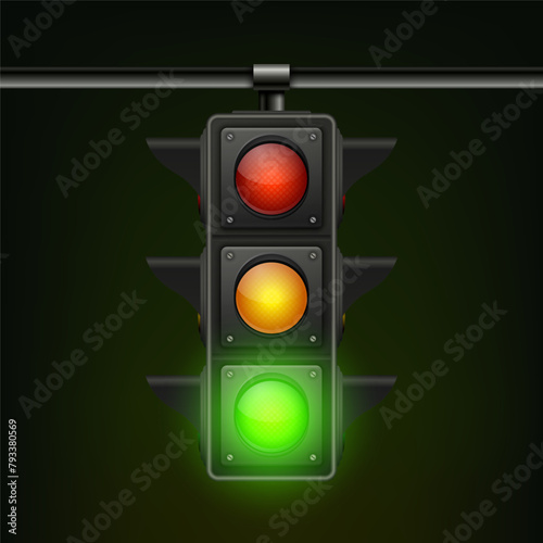 Vector Realistic Hanging Traffic Signal with Green Light. Traffic Light with Glowing Green Prohibiting Signal Isolated on Black Background