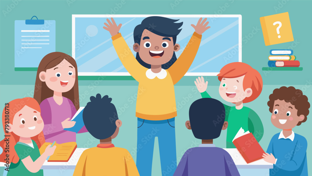 A classroom full of students enthusiastically cheering on their classmate as they confidently present a short story they wrote in a foreign A classroom full of students enthusiastically cheering on their classmate as they confidently present a short story they wrote in a foreign