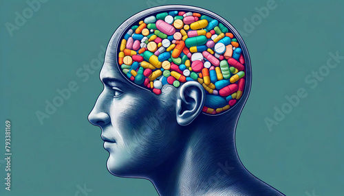 A side profile of a man with his brain replaced by colorful pills on a green background