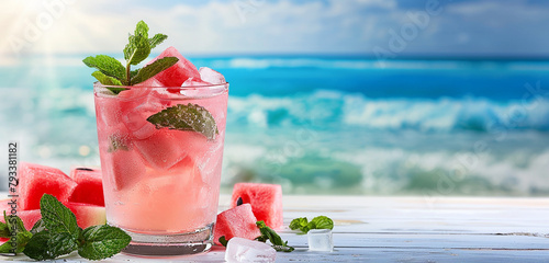 A refreshing glass of iced watermelon mint cooler served with watermelon chunks and fresh mint leaves, placed on a beachside table with a view of the tranquil ocean waves and clear blue sky. 