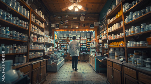 A pharmacist standing in an old-fashioned pharmacy, surrounded by shelves filled with medicines.