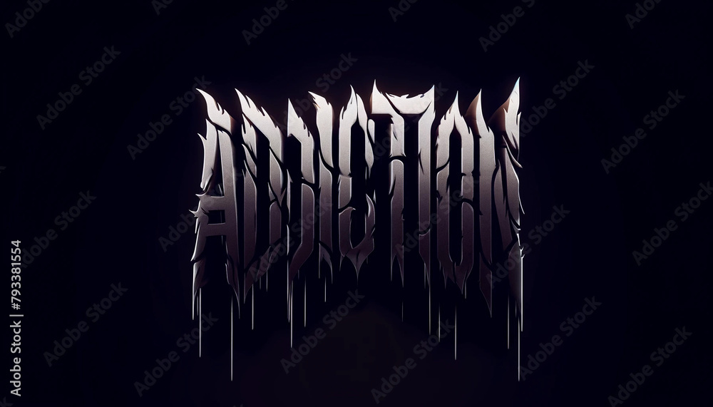 The word ADDICTION in scary, distorted letters, set against a dark, foreboding background. - obrazy, fototapety, plakaty 