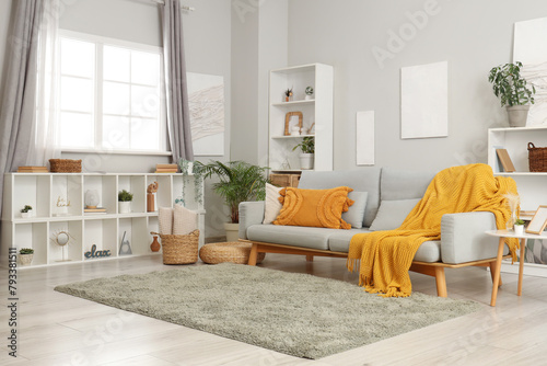 Interior of living room with grey sofa  shelf units and plants