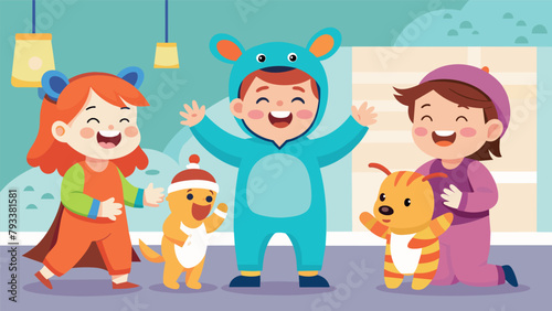 In a daycare the toddlers excitedly dress up in funny costumes for the first successful joke day. They dont quite understand the concept of
