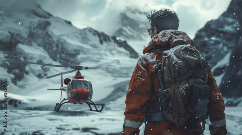 Fototapeta premium A person in winter gear facing a helicopter in a snowy mountainous landscape.