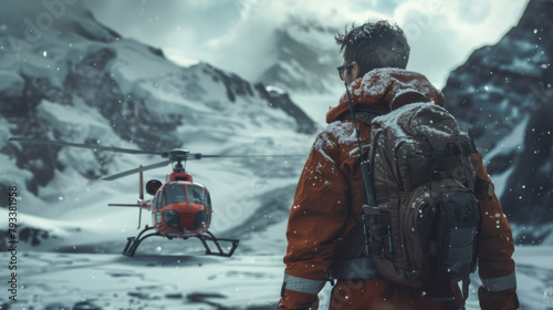 A person in winter gear facing a helicopter in a snowy mountainous landscape.