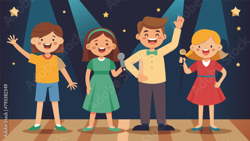 A group of siblings on stage singing offkey but full of enthusiasm as their parents cheer and clap from the audience.