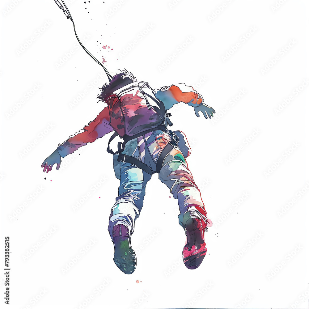 Fototapeta premium Minimalistic watercolor illustration of base jumping on a white background, cute and comical.