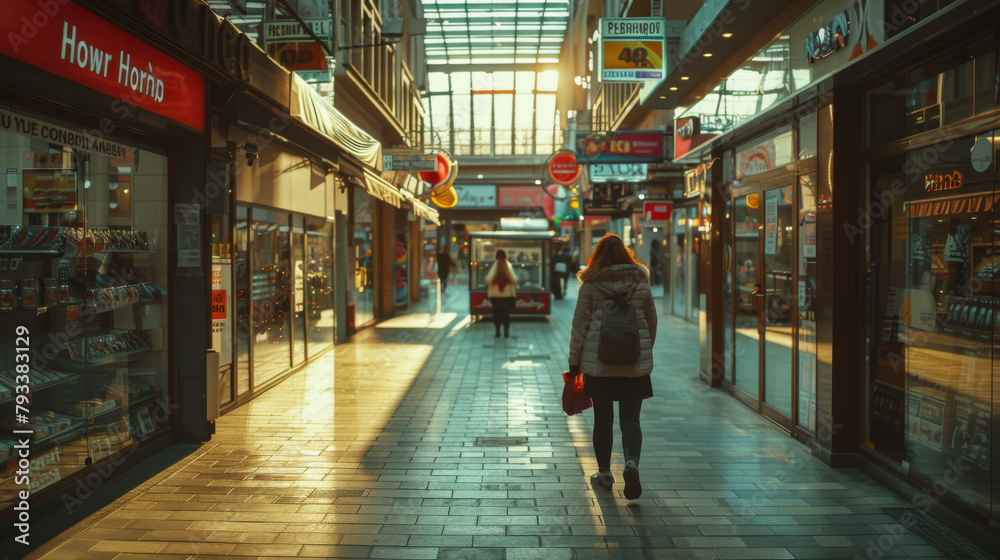 Obraz premium Woman walking in a sunlit shopping arcade with stores on both sides.