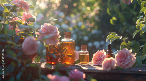 Bottles of aromatherapy essential oil with pink rose flowers outdoors in a garden