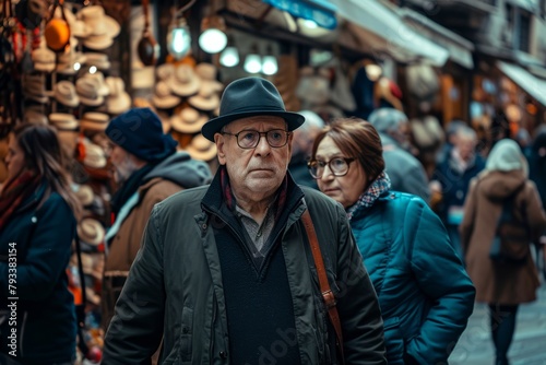 Old man in a hat and glasses on the streets of Moscow.