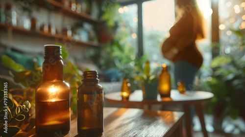 Bottles of aromatherapy essential oil a pregnant woman in the background in a cozy bright apartment