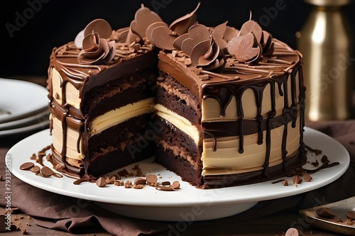  A rich and indulgent triple chocolate layer cake drizzled with ganache