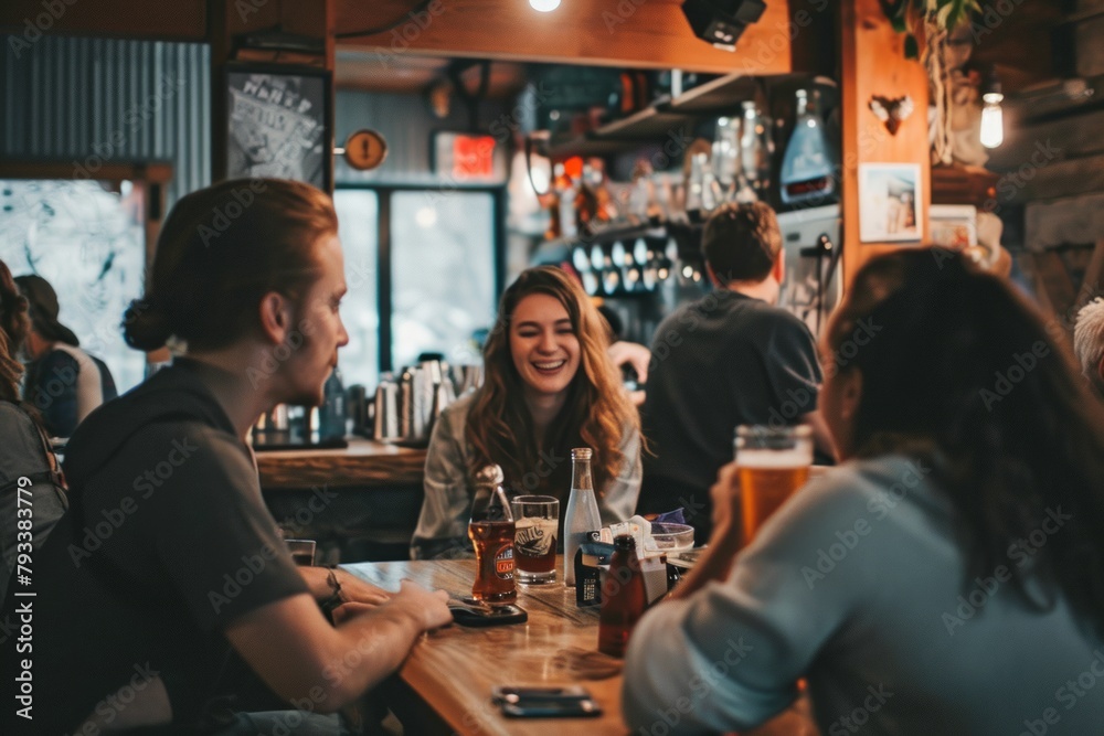 Group of young people sitting in a pub, drinking beer and talking.