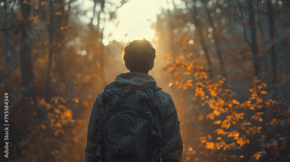 Person from behind wearing a backpack in a forest during sunrise.