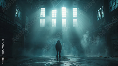 A person stands in a misty, industrial warehouse, bathed in natural light filtering through tall windows.