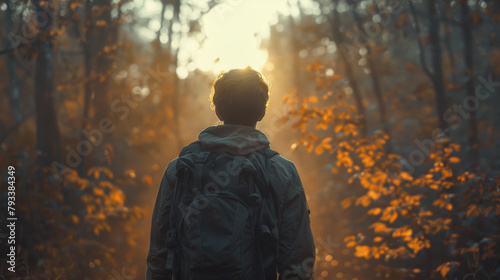 Person from behind wearing a backpack in a forest during sunrise.