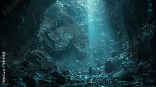 A figure stands in a vast cave illuminated by a shaft of light from above, creating a cinematic atmosphere.