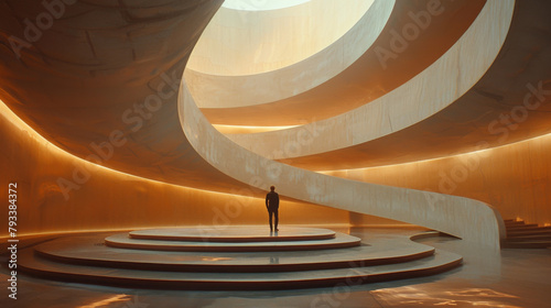 A person stands at the base of an elegant spiral staircase in a modern  warmly lit architectural space.