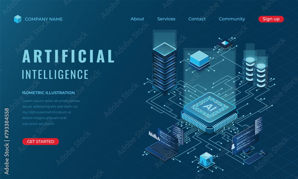 Isometric artificial Intelligence landing page concept. Machine ...